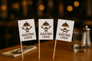 Drei bedruckte Papierfahnen in einem Restaurants. Die Papierfahnen sind mit einem Logo bedruckt.